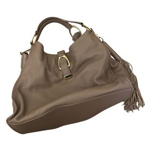 G.I.L.I Large Pebble Leather Stirrup Hobo Handbag Taupe